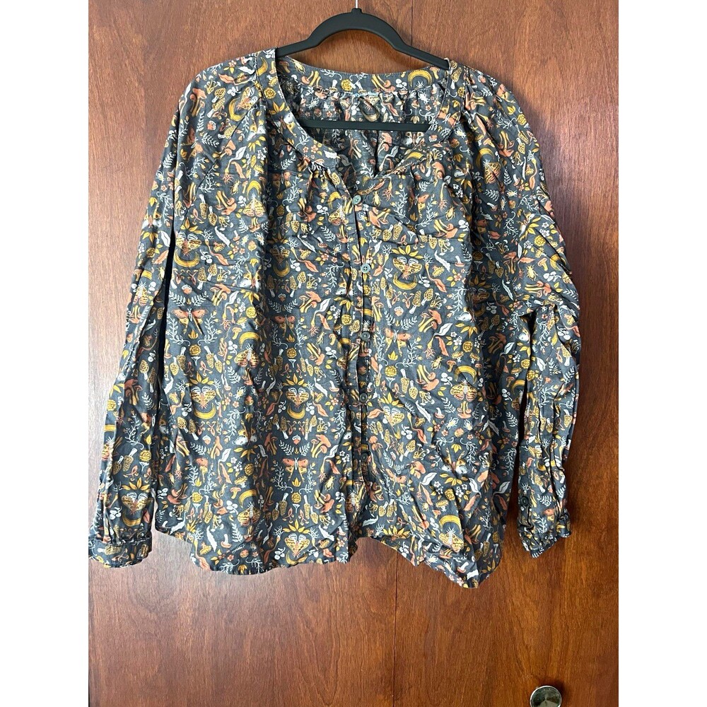 Duluth Trading Printmaker Organic Cotton Tunic Top XL Mushroom Moth Fall Whimsy